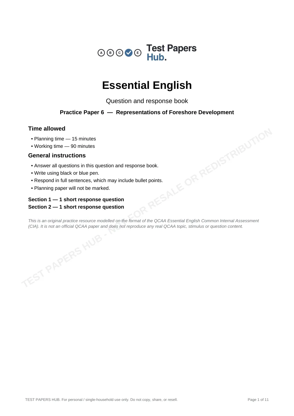 Cover page of QCE Essential English Practice Paper 6