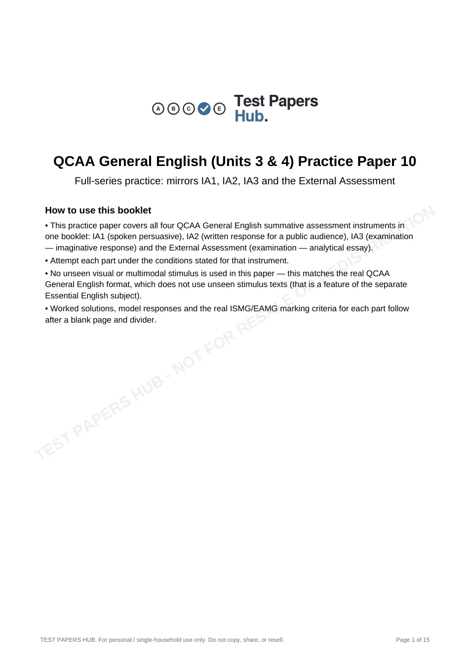 Cover page of QCE General English Practice Paper 10