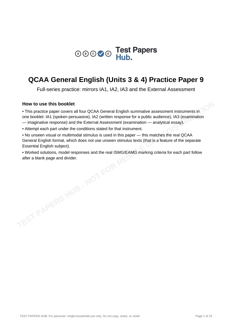 Cover page of QCE General English Practice Paper 9