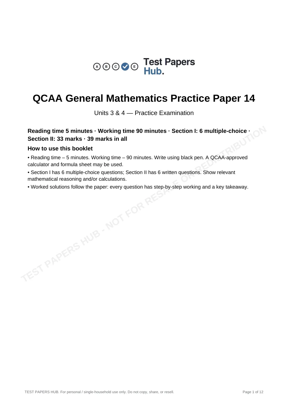 Cover page of QCE General Mathematics Practice Paper 14