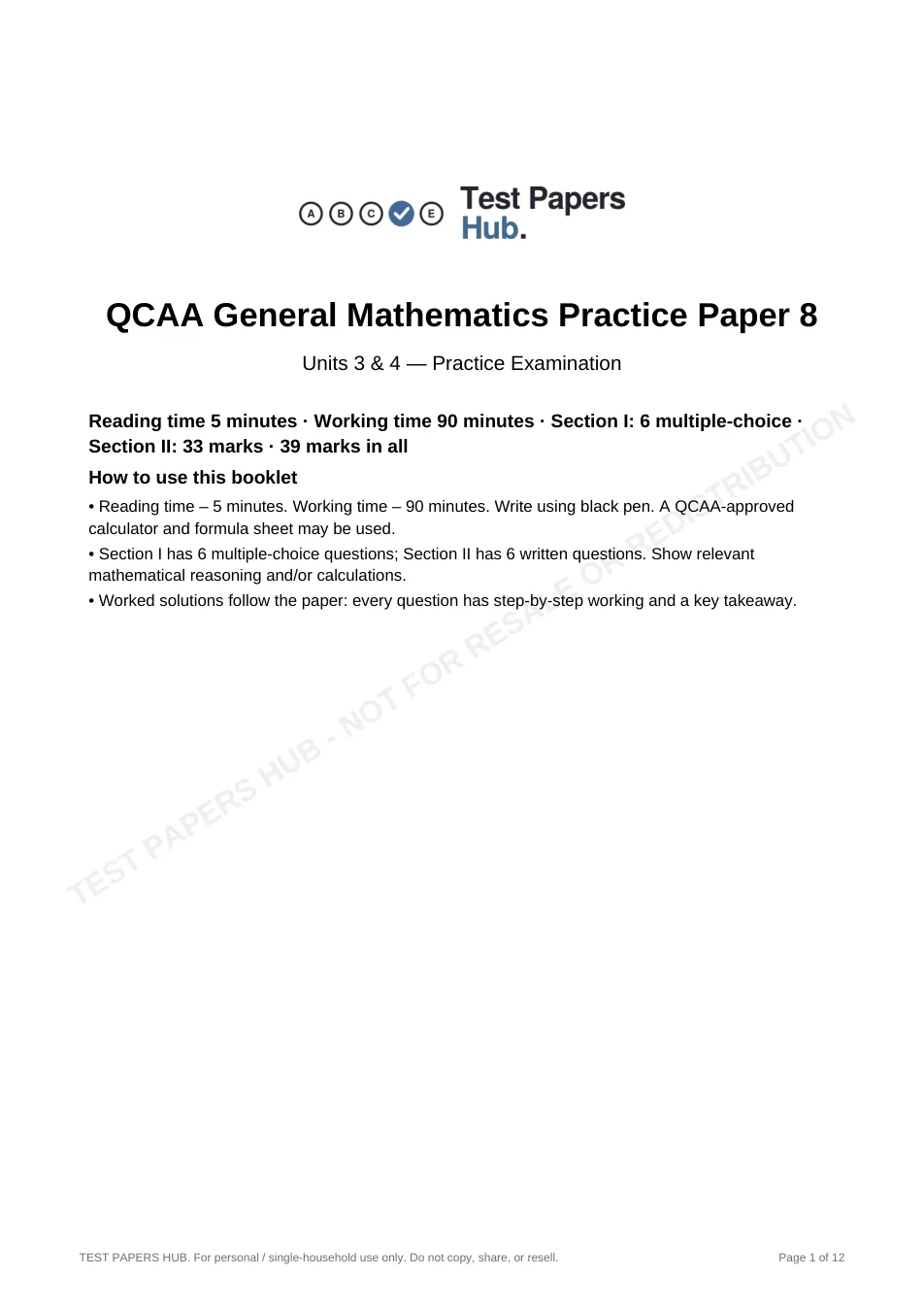 Cover page of QCE General Mathematics Practice Paper 8
