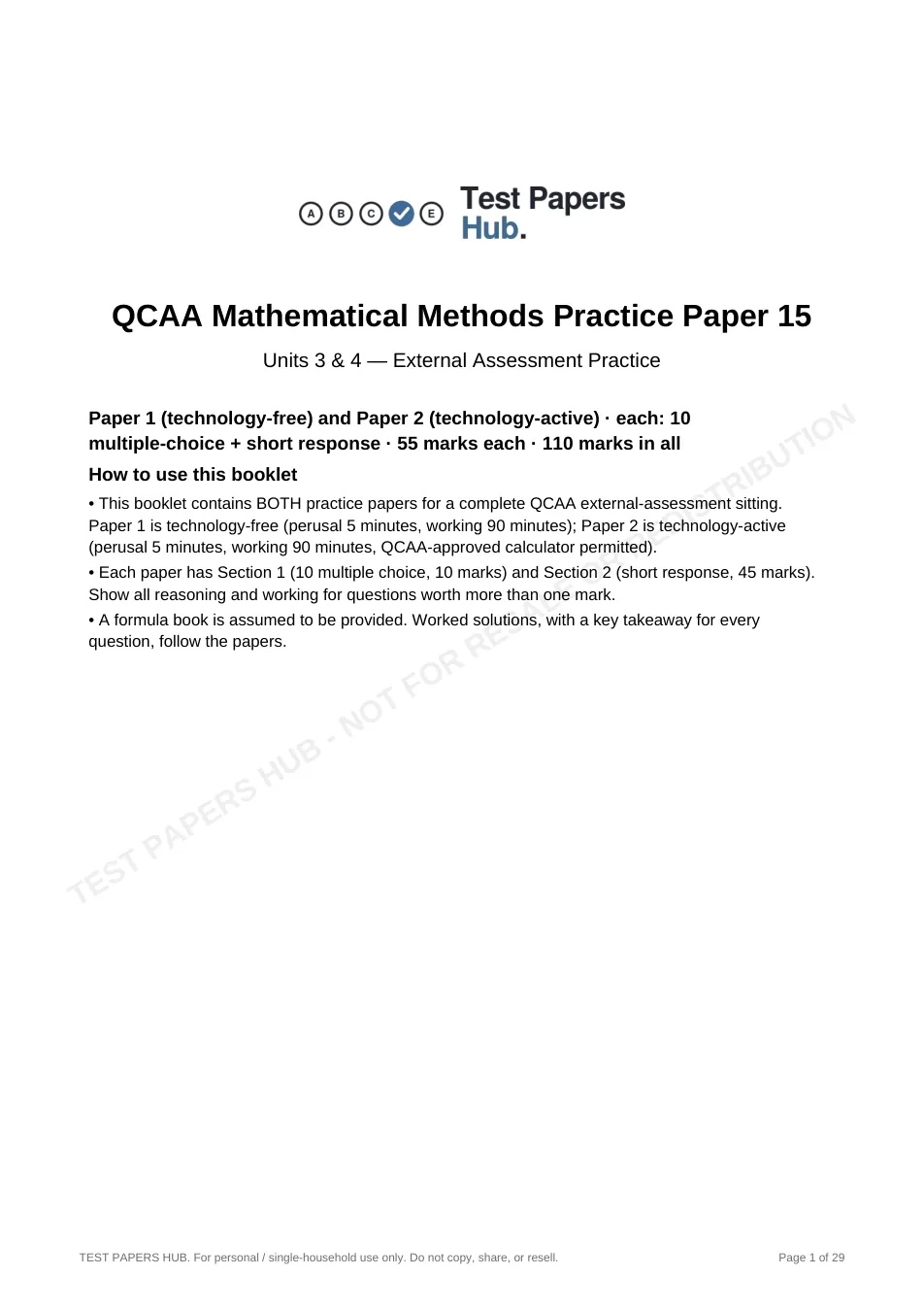 Cover page of QCE Mathematical Methods Practice Paper 15