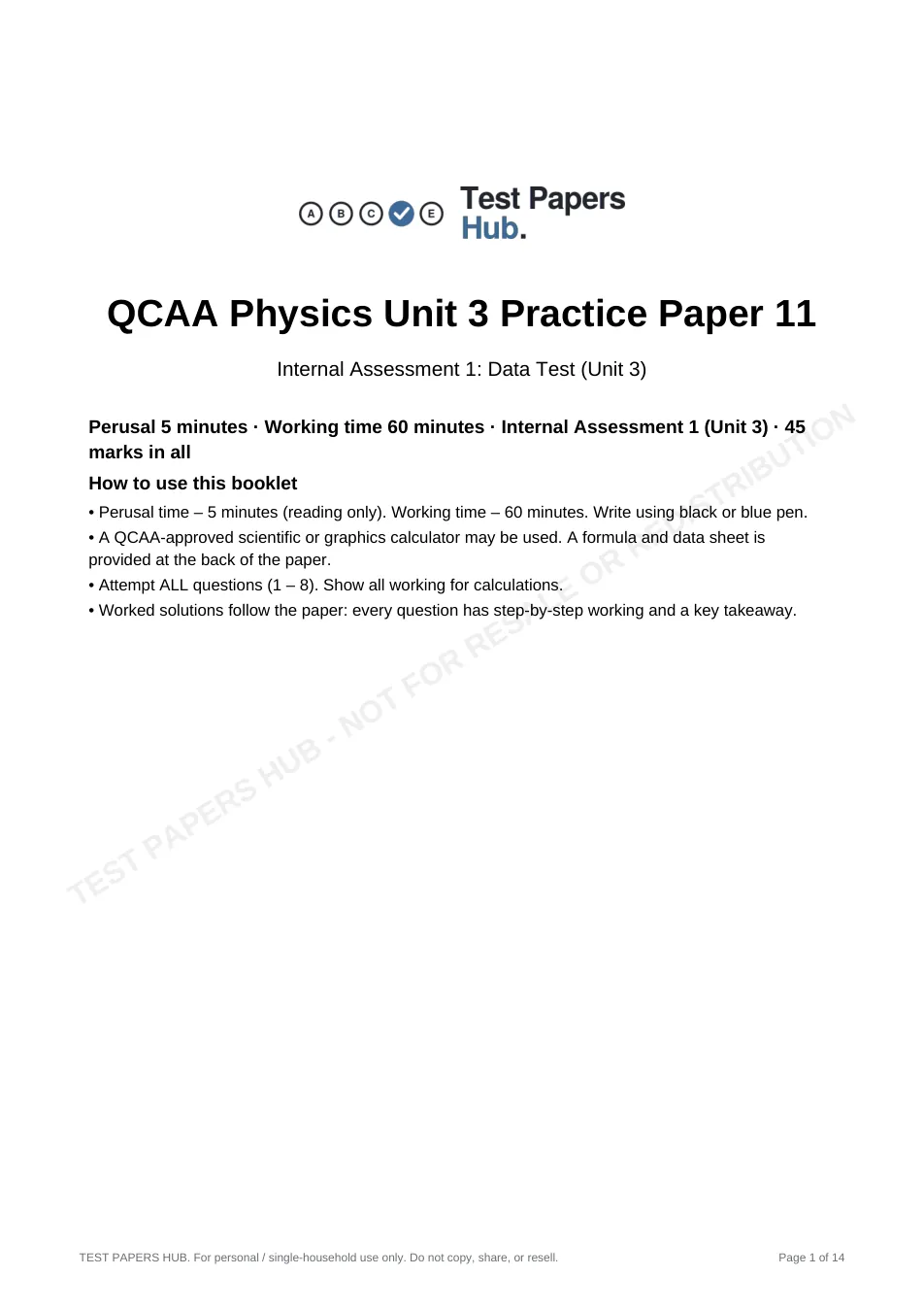 Cover page of QCE Physics IA1 Practice Paper 11