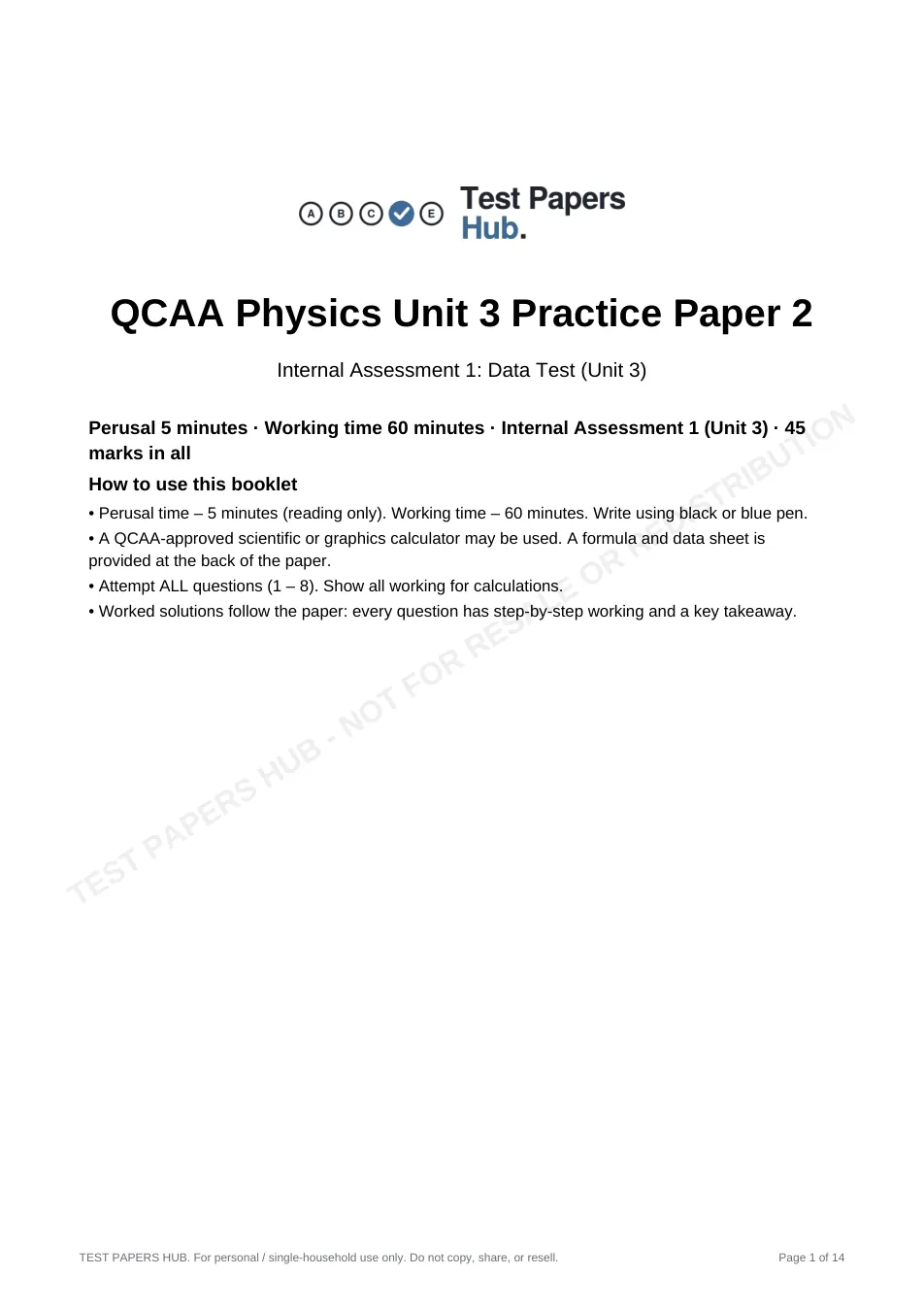 Cover page of QCE Physics IA1 Practice Paper 2