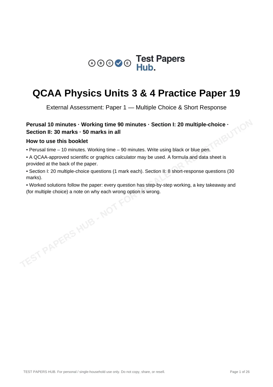 Cover page of QCE Physics Paper 1 Practice Paper 19