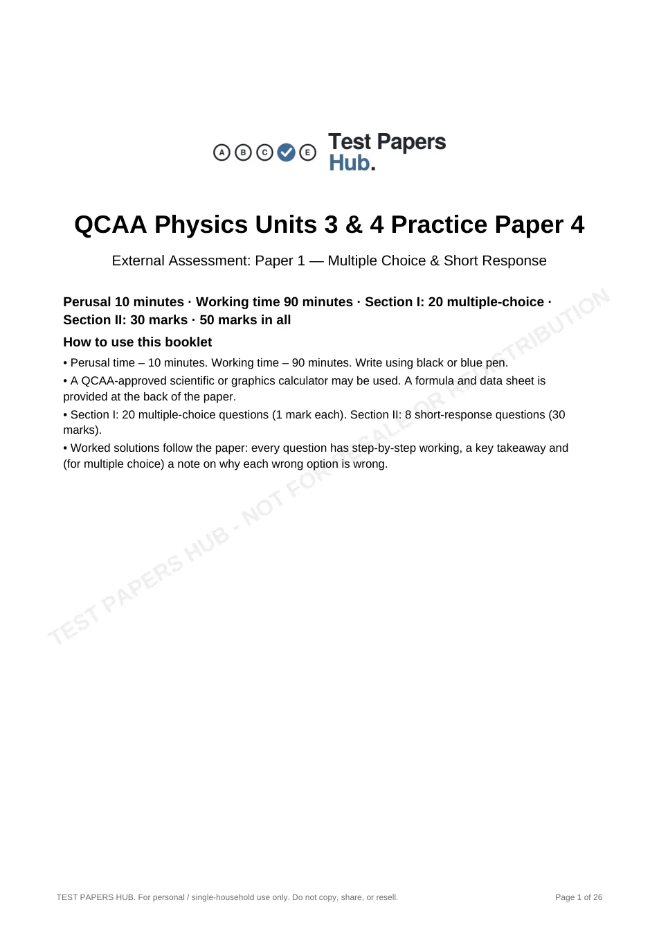 Cover page of QCE Physics Paper 1 Practice Paper 4
