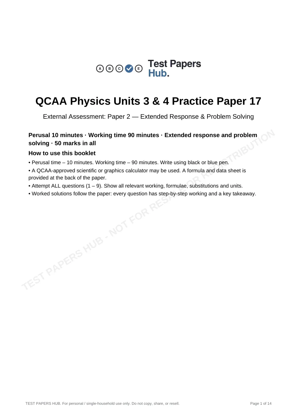 Cover page of QCE Physics Paper 2 Practice Paper 17