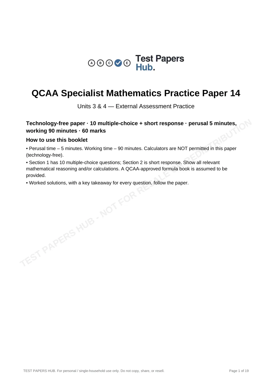 Cover page of QCE Specialist Mathematics Practice Paper 14