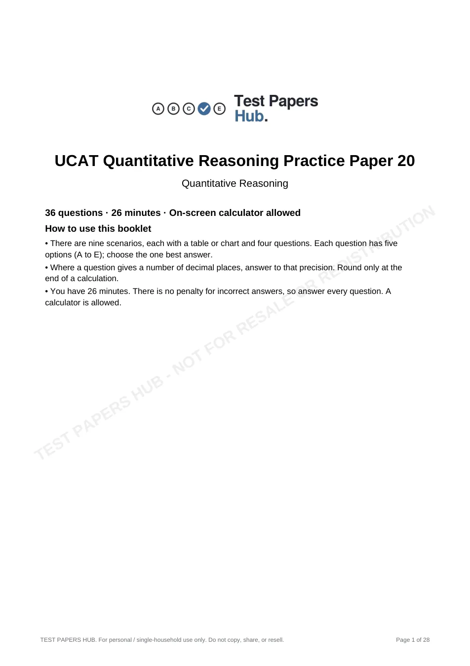 Cover page of UCAT Quantitative Reasoning Practice Paper 20