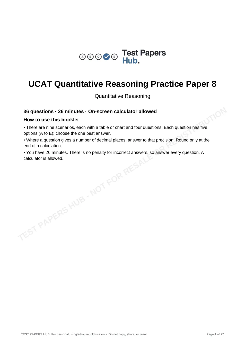 Cover page of UCAT Quantitative Reasoning Practice Paper 8