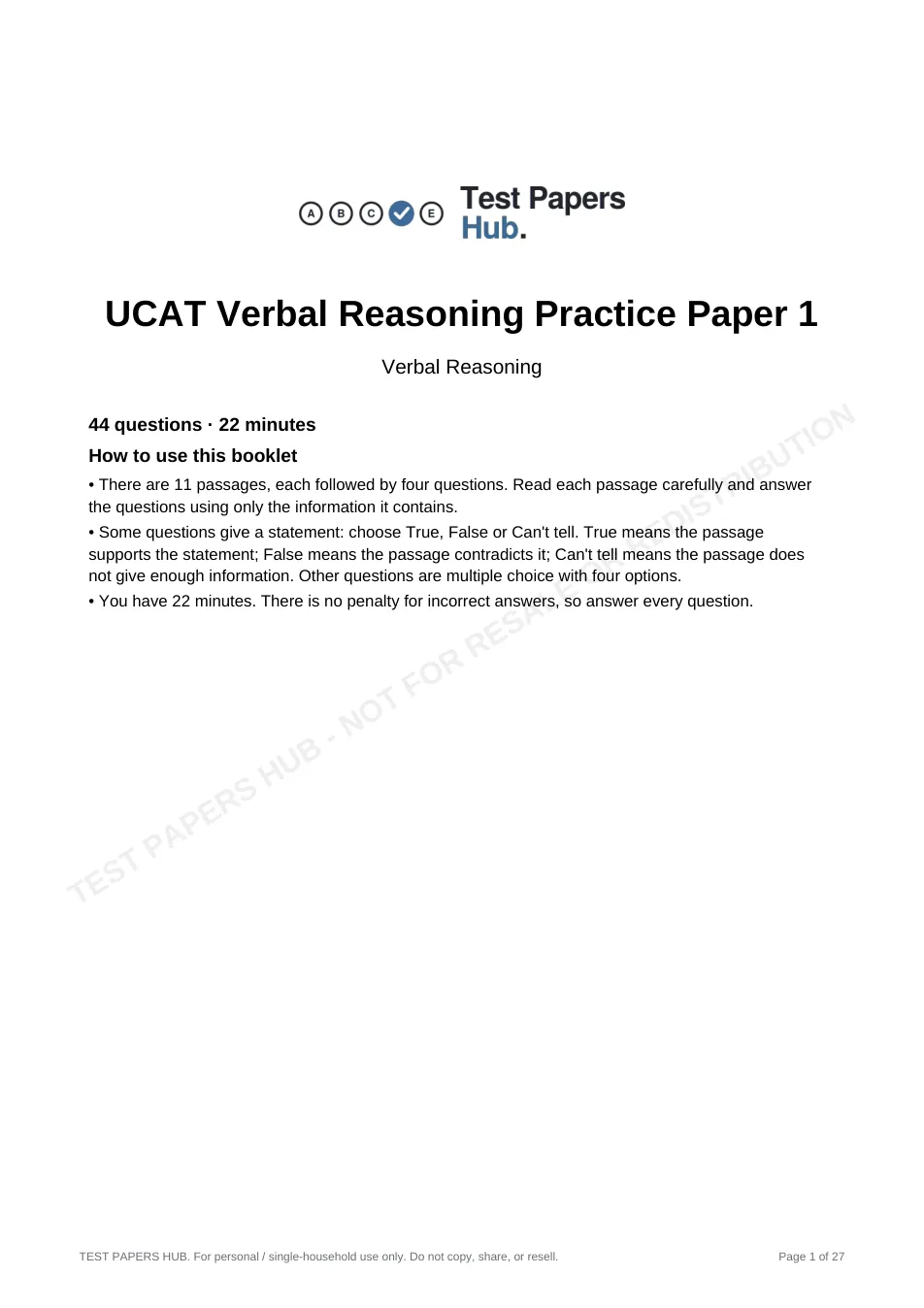 Cover page of UCAT Verbal Reasoning Practice Paper 1