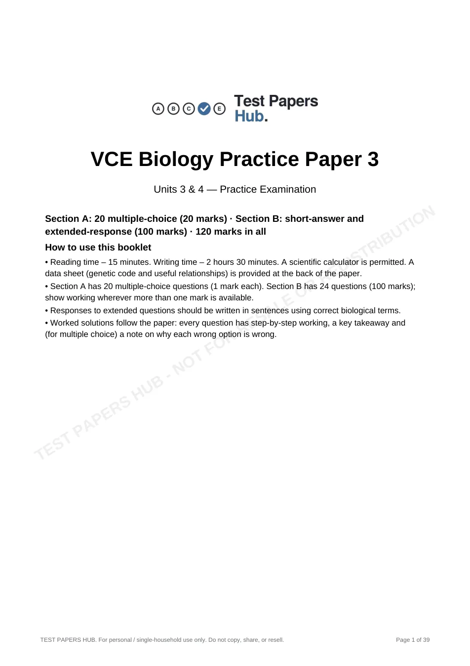 Cover page of VCE Biology Practice Paper 3
