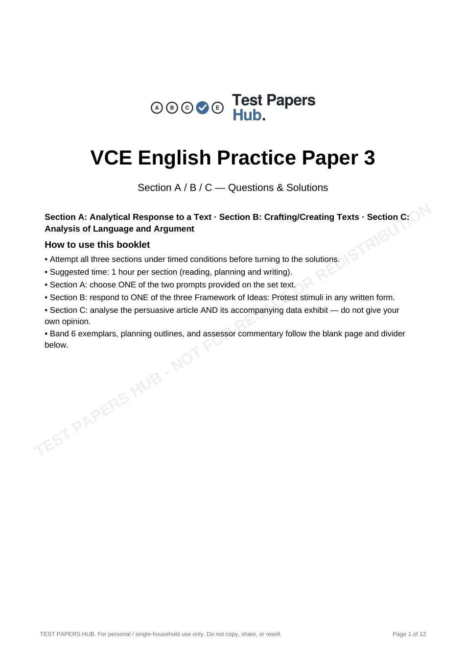Cover page of VCE English Practice Paper 3