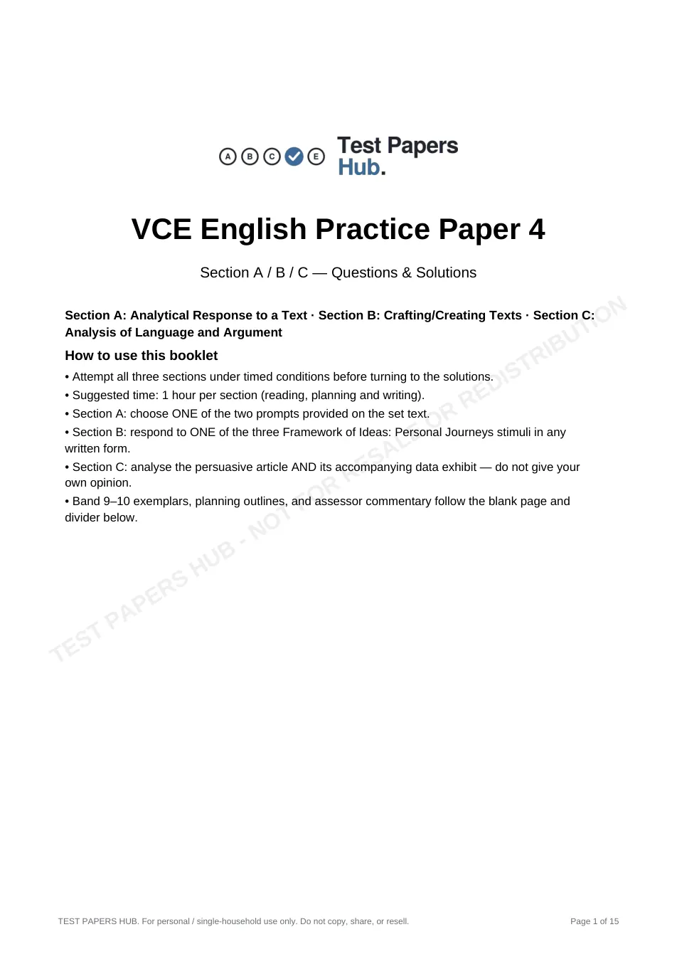 Cover page of VCE English Practice Paper 4