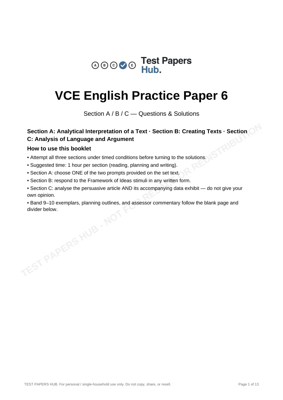 Cover page of VCE English Practice Paper 6
