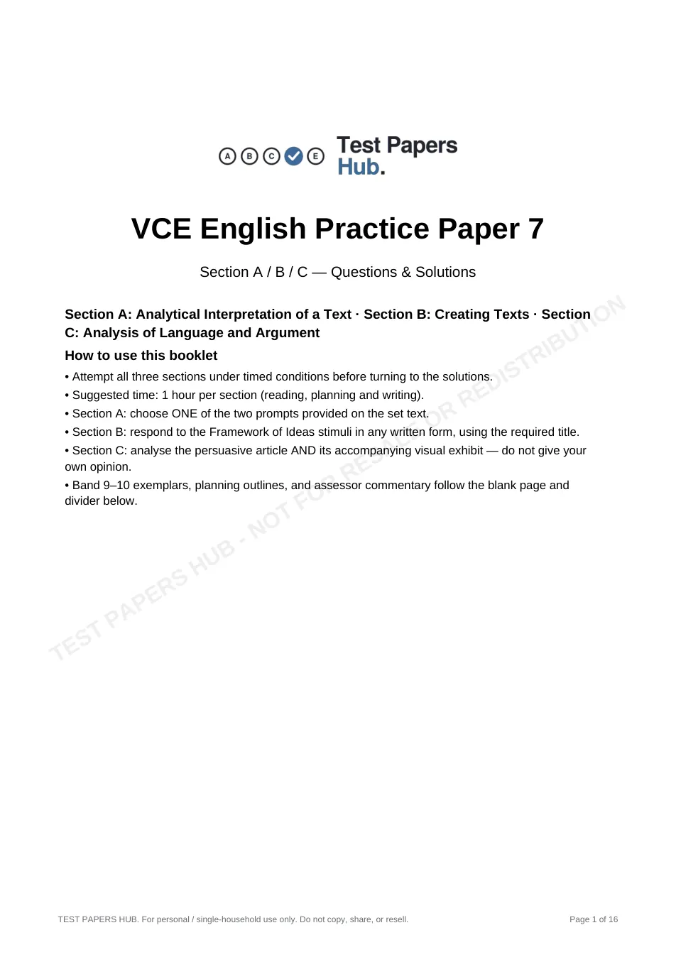 Cover page of VCE English Practice Paper 7
