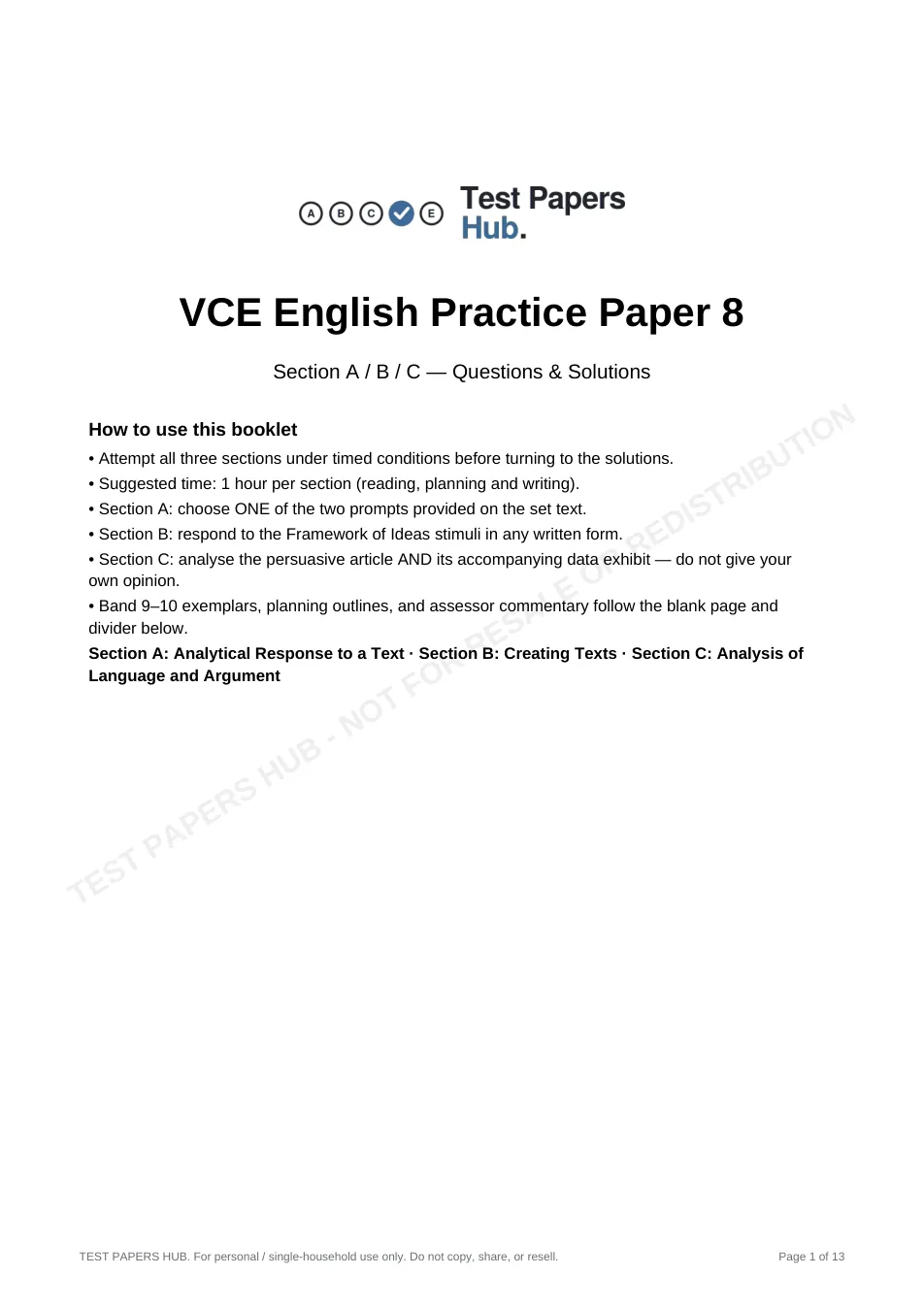 Cover page of VCE English Practice Paper 8