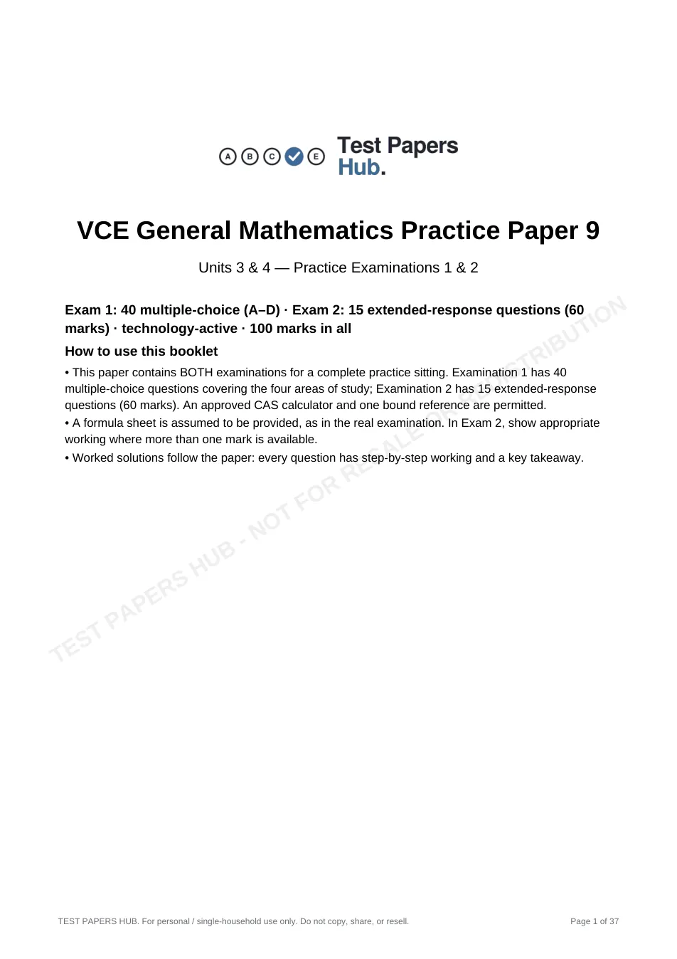 Cover page of VCE General Mathematics Practice Paper 9