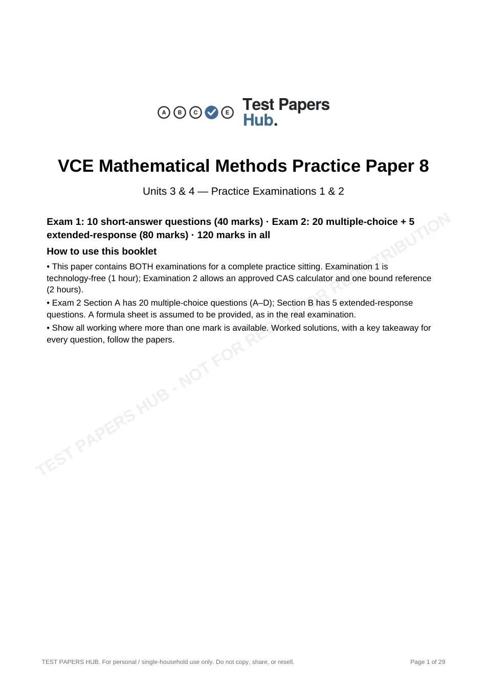 Cover page of VCE Methods Mathematics Practice Paper 8