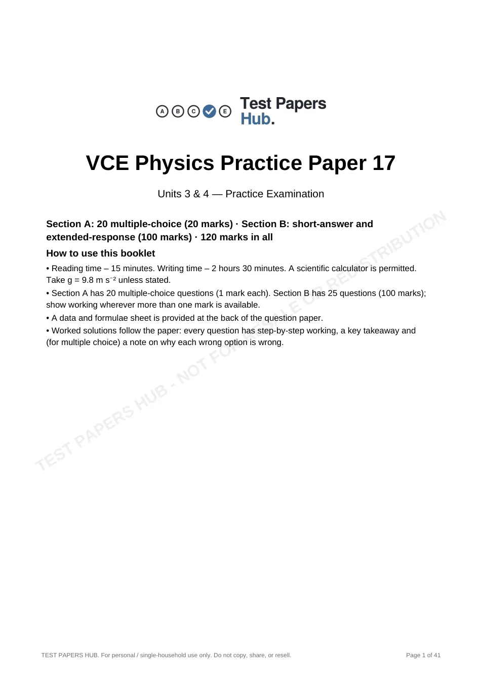 Cover page of VCE Physics Practice Paper 17