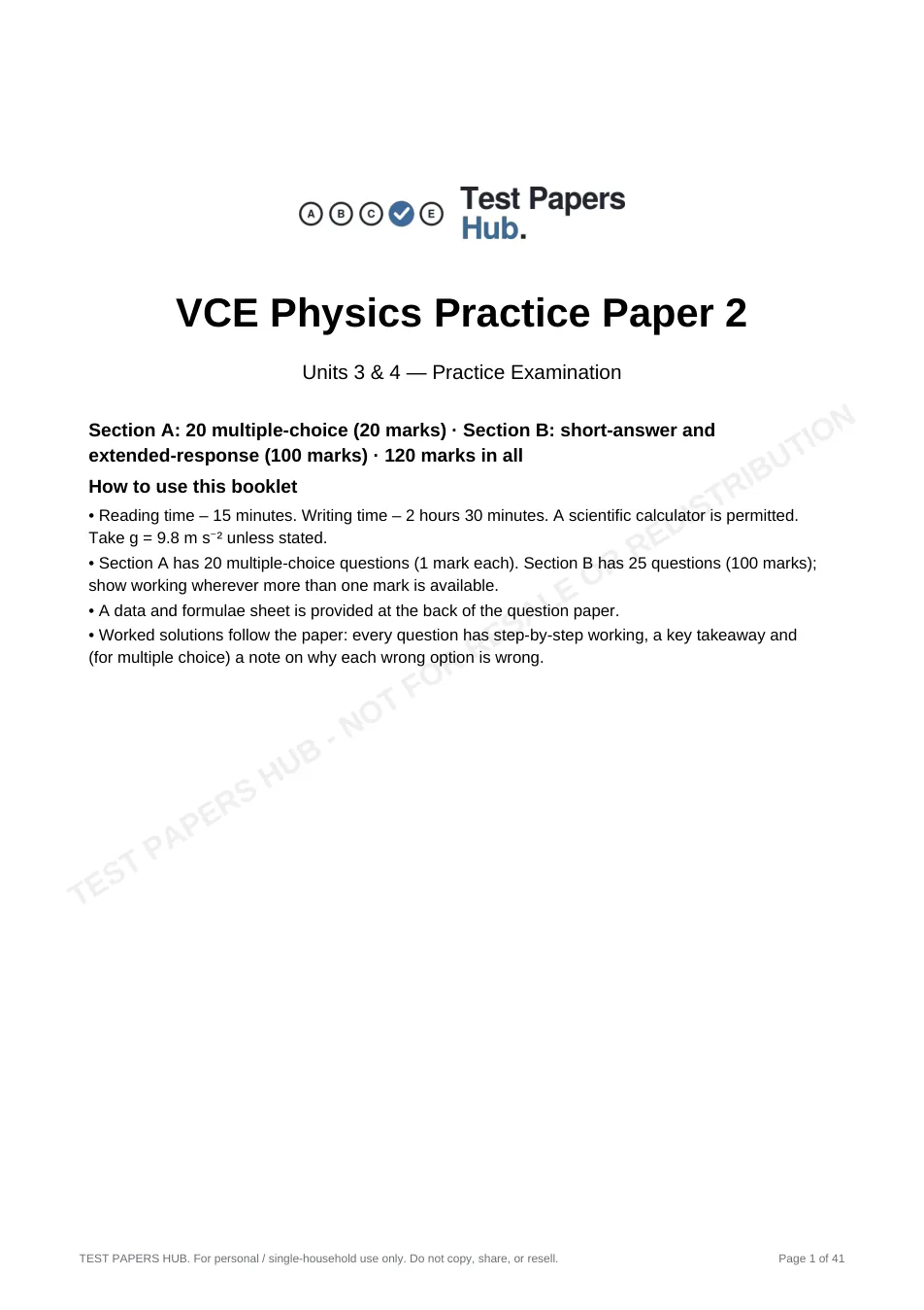 Cover page of VCE Physics Practice Paper 2