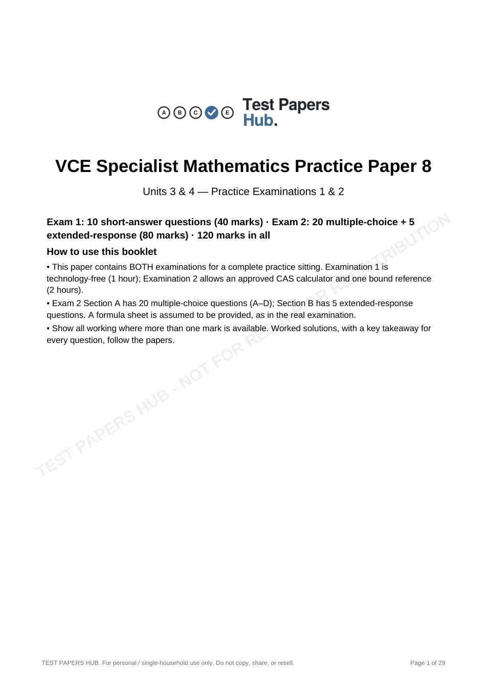 Cover page of VCE Specialist Mathematics Practice Paper 8